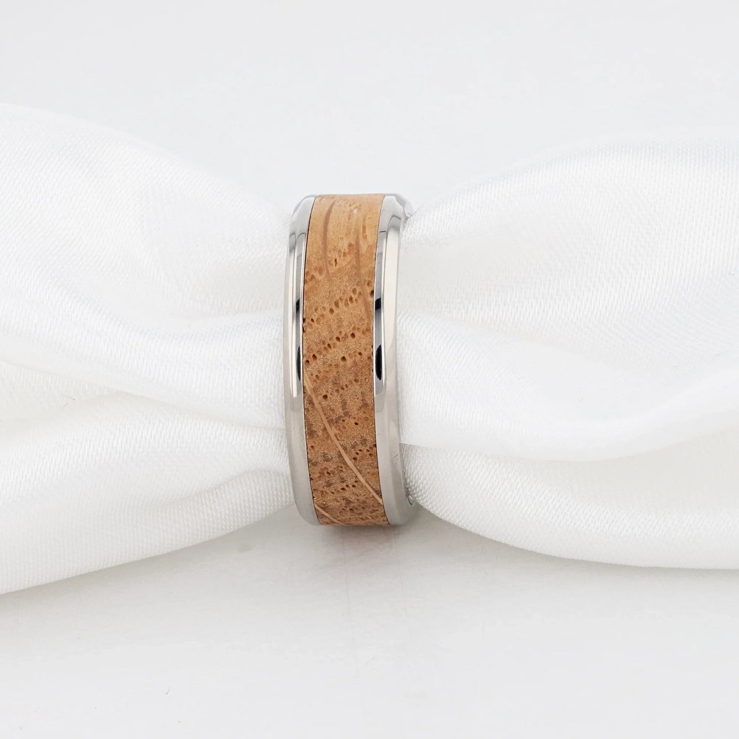 CASK Whiskey Barrel Inlaid Titanium Men's Wedding Band With Beveled Polished Edges Made From Genuine Whiskey Barrels - 8mm