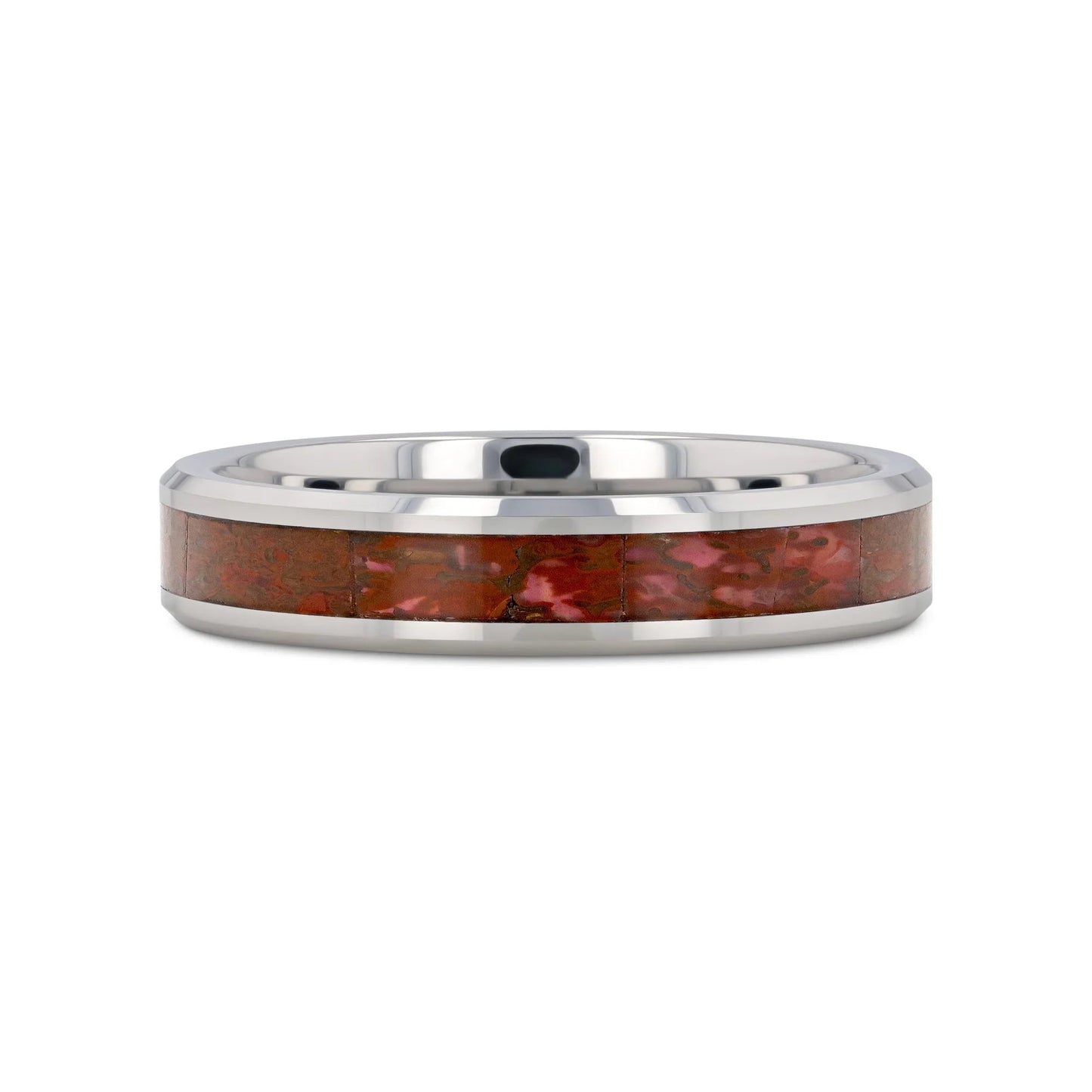 JURASSIC Red Dinosaur Bone Inlaid Tungsten Carbide Beveled Edged Ring - 4mm & 8mm
