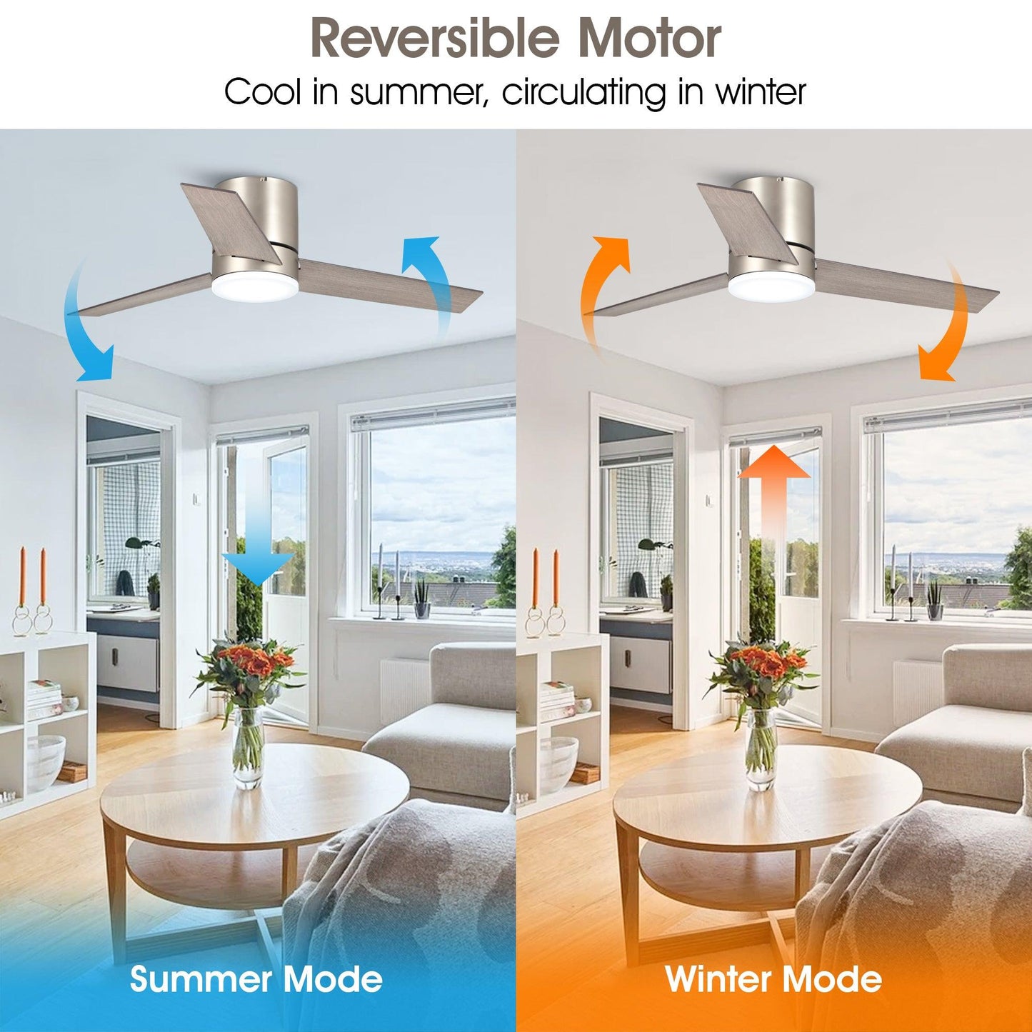 48" Satin Nickel Flush Mount Low Profile Ceiling Fan with LED Lighting