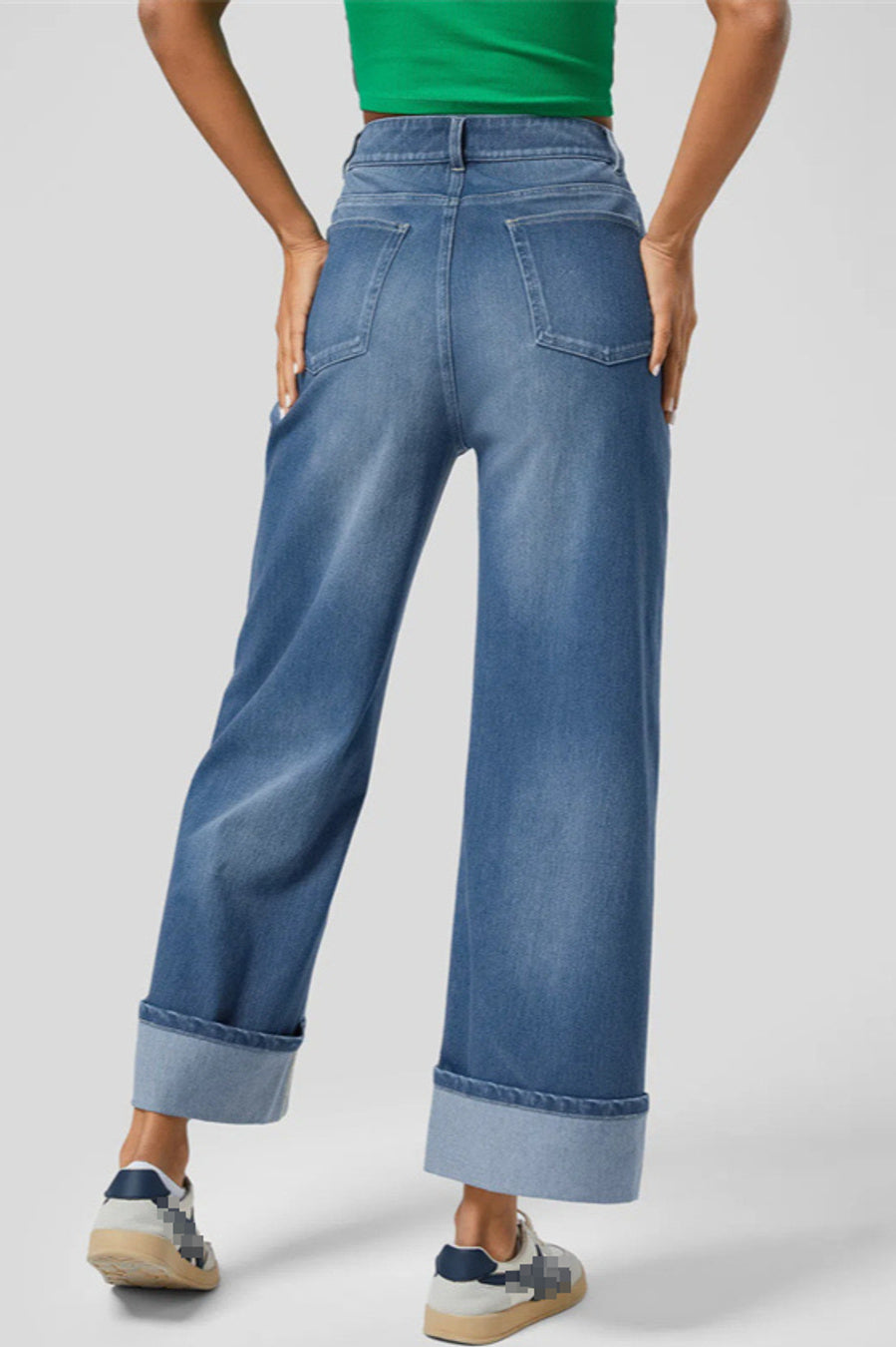 Stylish medium stretch patchwork high-waist wide-leg jeans
