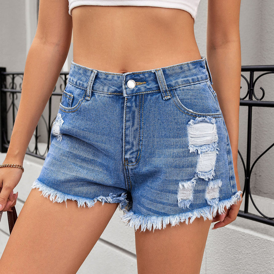 Stylish non-stretch 3 colors hole mid waist denim shorts