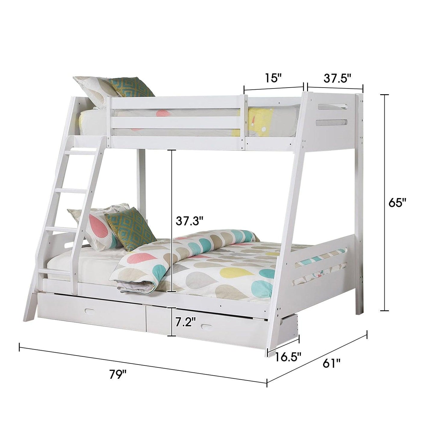 Solid Wood Twin / Full Bunk Bed with Reversible Angled Ladder and Underbed Drawers