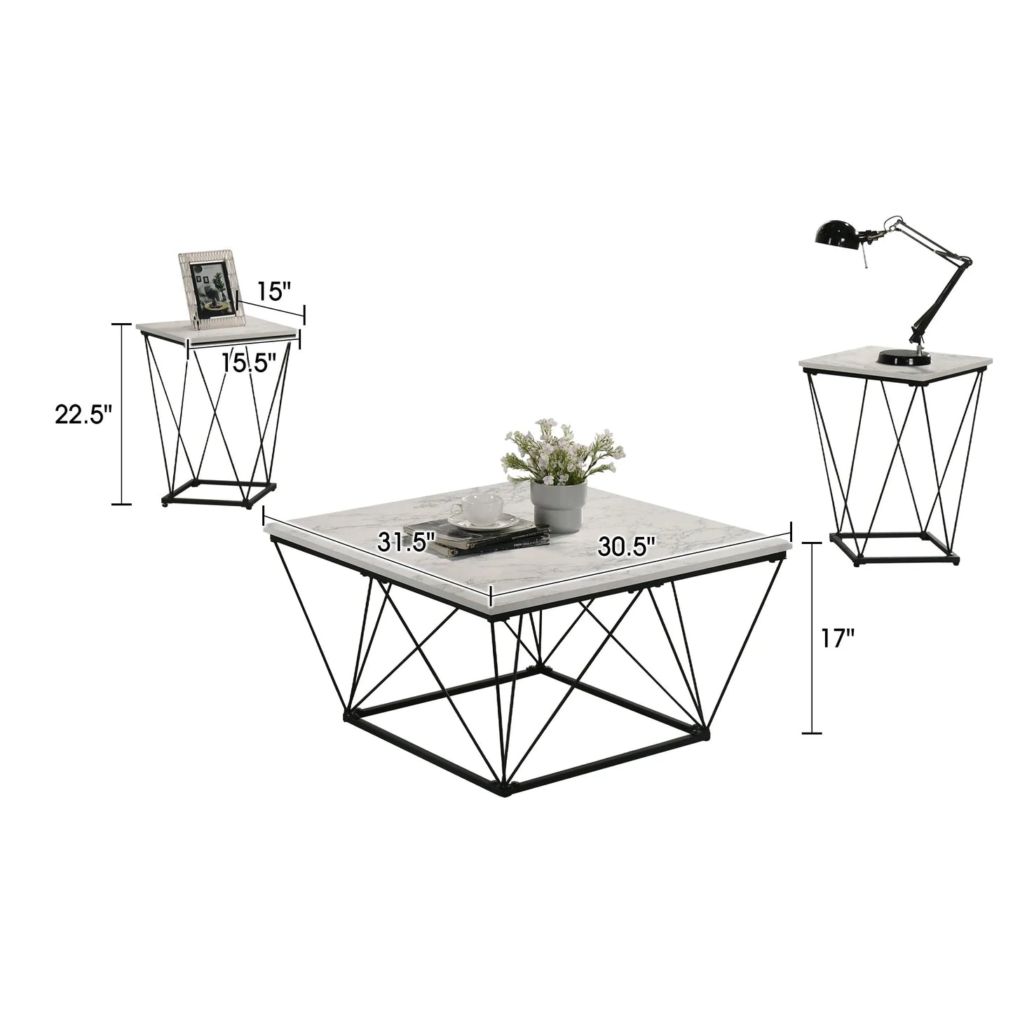 Whetstone 31.5" 3-Piece Coffee Table Set with Angular & Geometric Metal Base