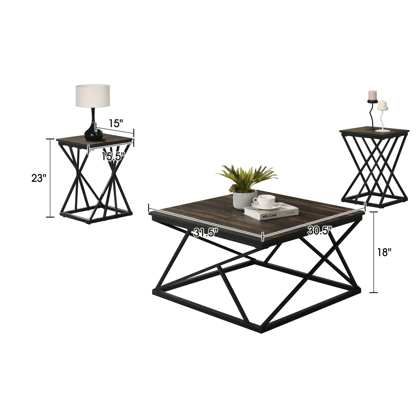 Borup Rustic 31.5" 3-Piece Coffee Table Set with Decorative Wrought Metal Side