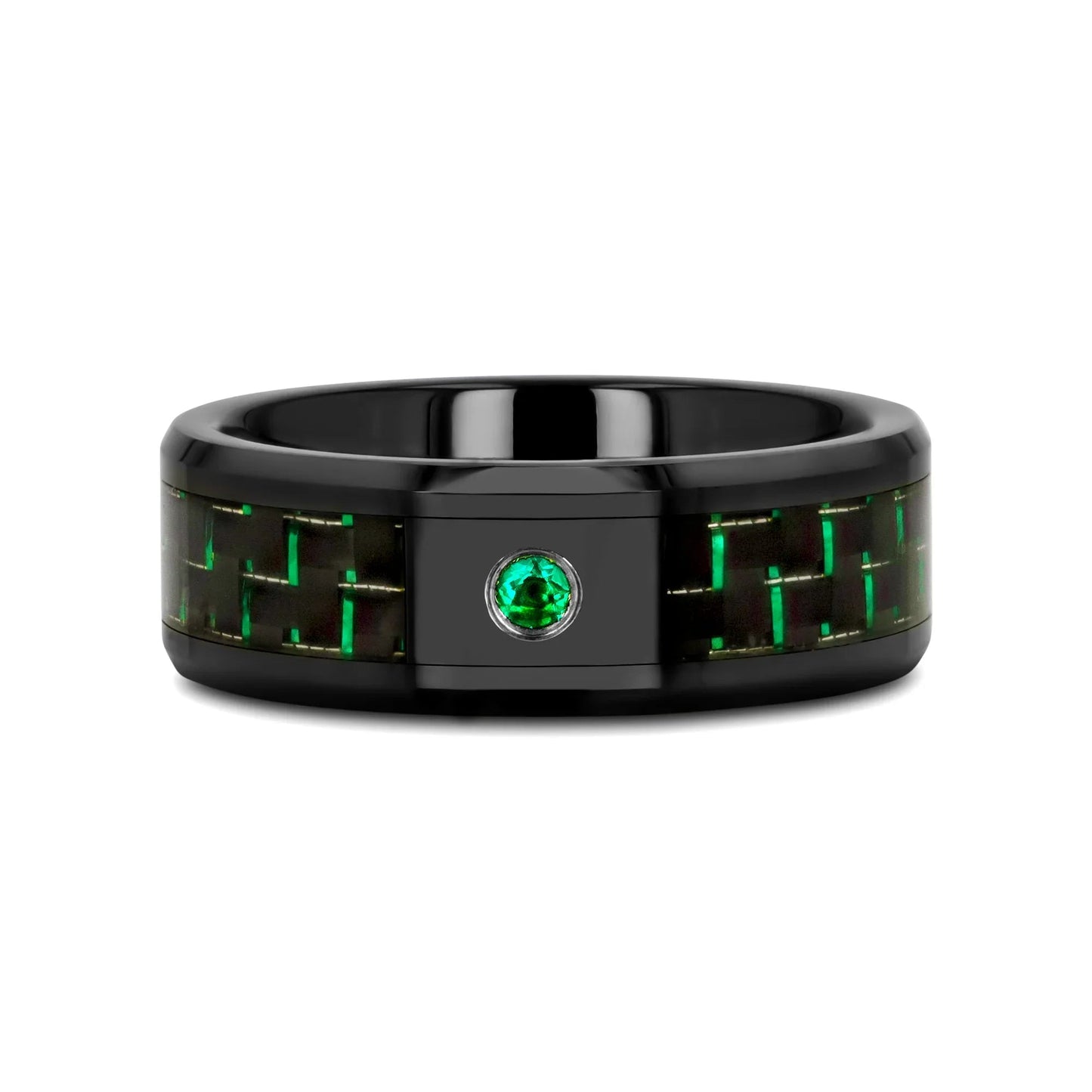 HADAR Black Ceramic Ring with Black and Green Carbon Fiber and Green Emerald Setting - 8mm