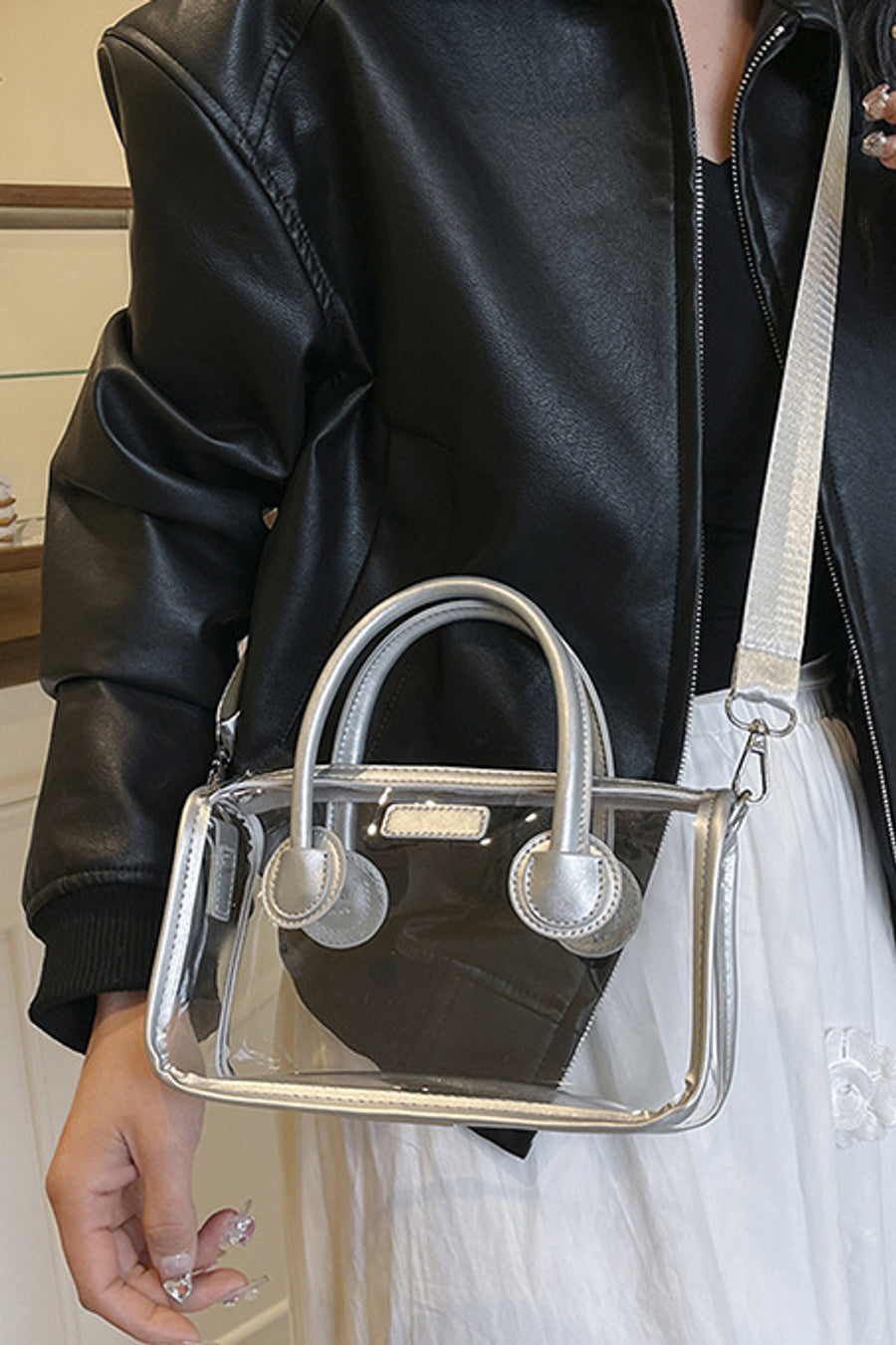 Stylish new 6 colors pu stitching pvc zip-up crossbody