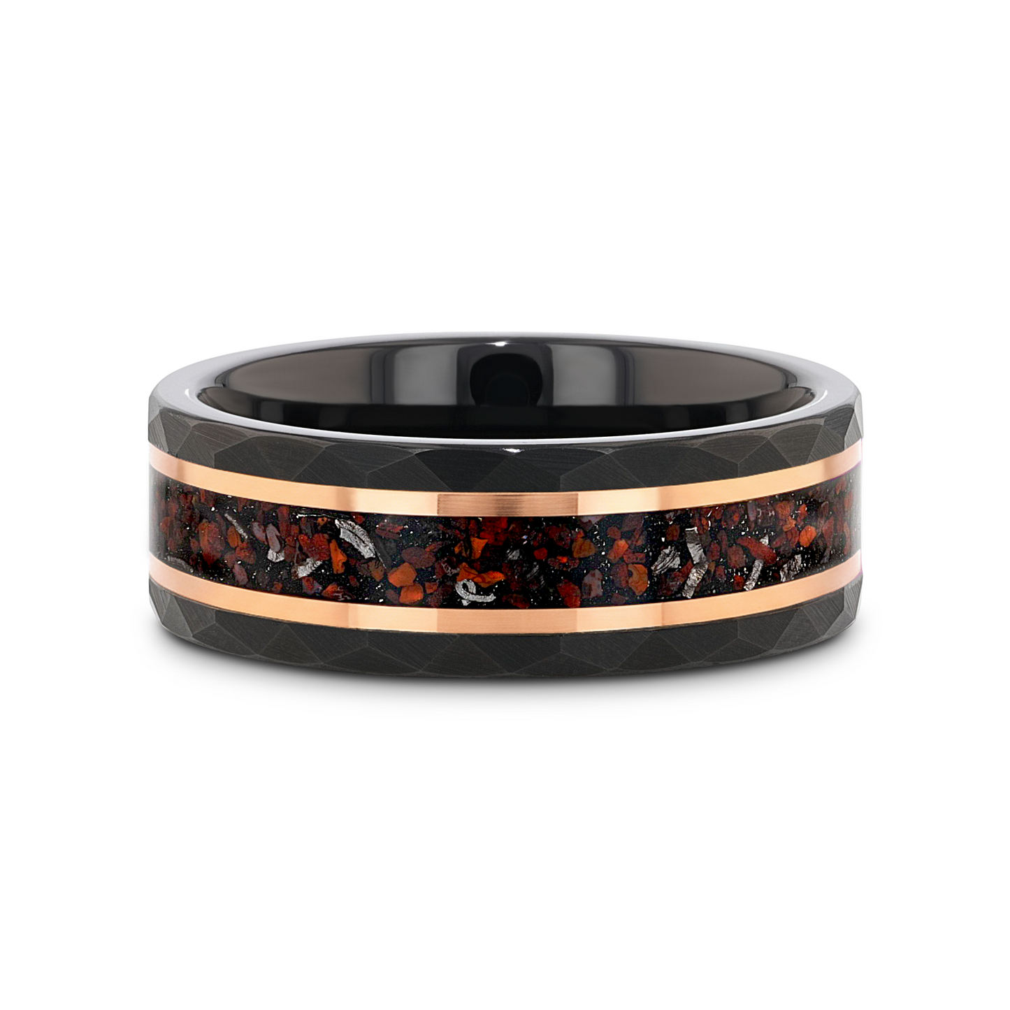 INFERNO Black/Rose Hammered Tungsten Carbide Ring with Dinosaur Bones and Meteorite – 8mm