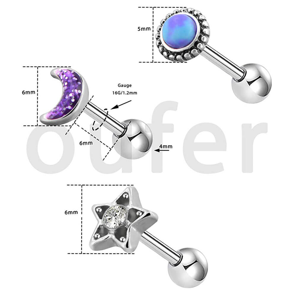 3PCS Sun Moon Star Cartilage Studs