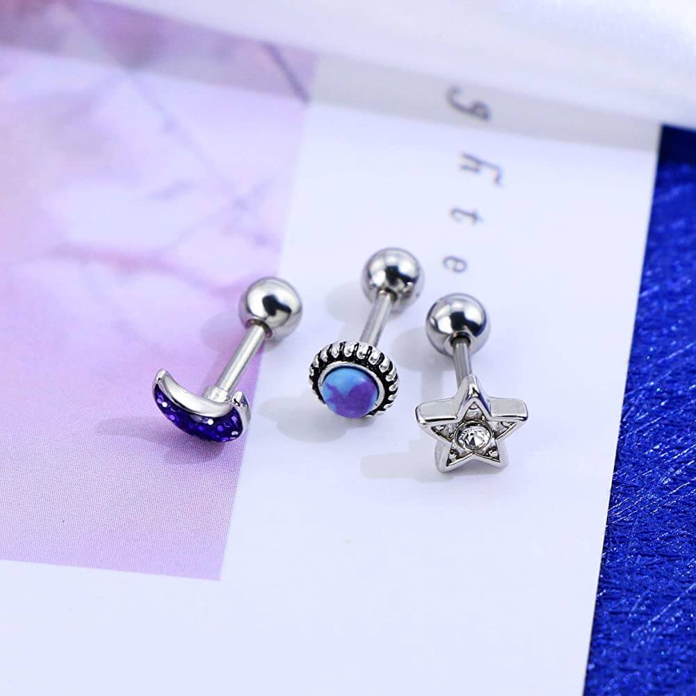 3PCS Sun Moon Star Cartilage Studs