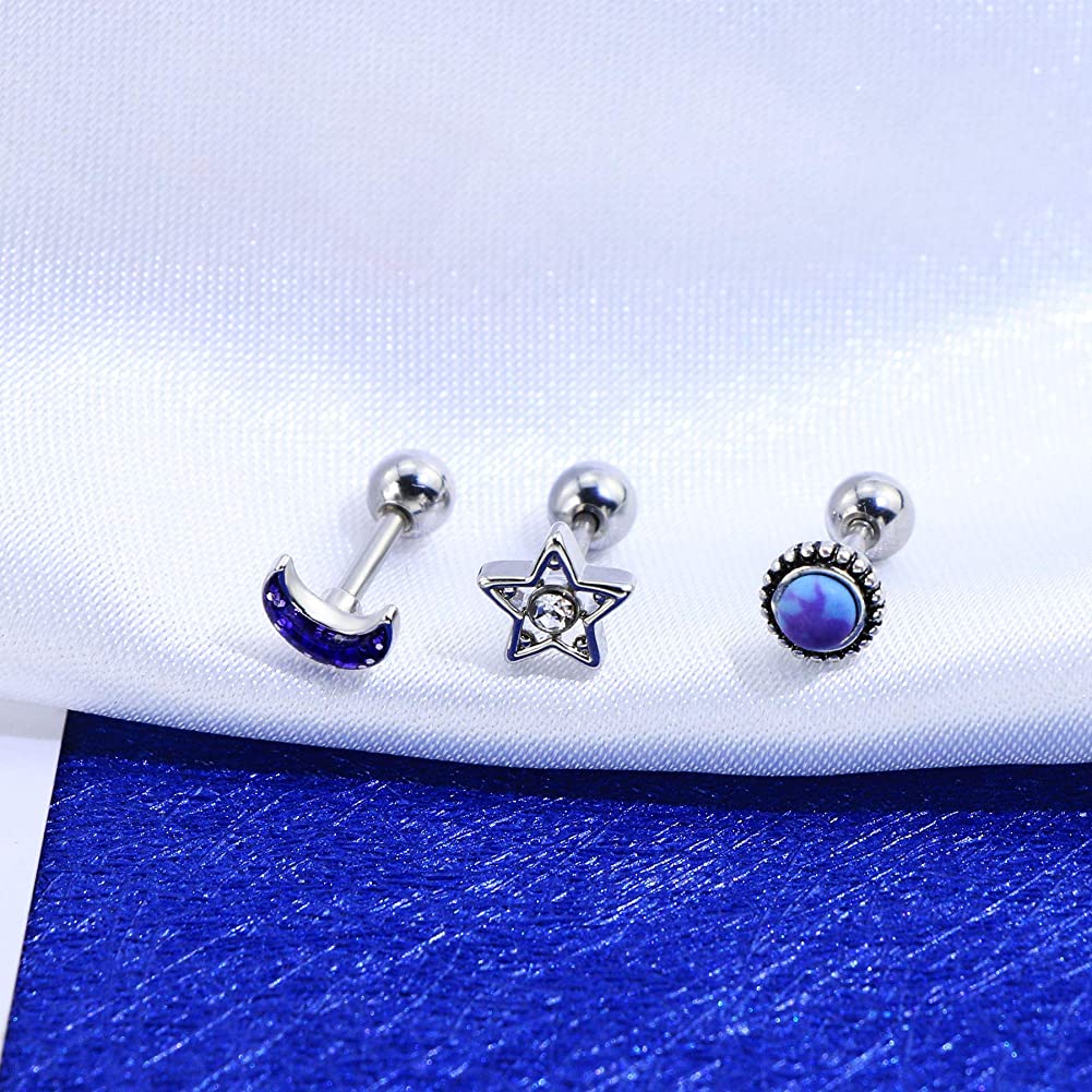 3PCS Sun Moon Star Cartilage Studs