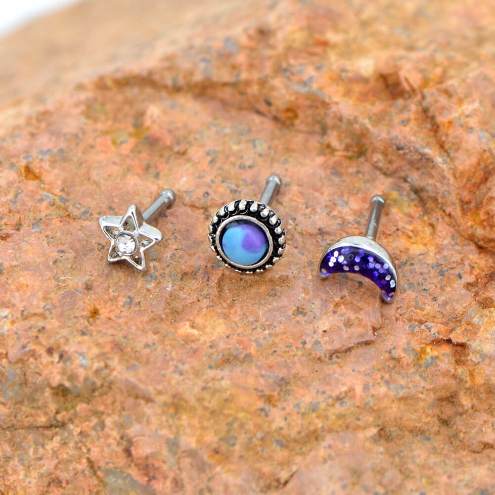 3PCS Moon Star Nostril Stud Pin Set