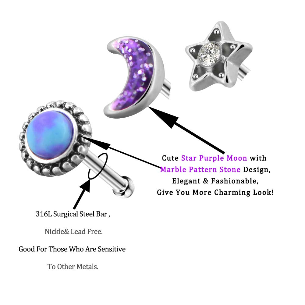 3PCS Moon Star Nostril Stud Pin Set
