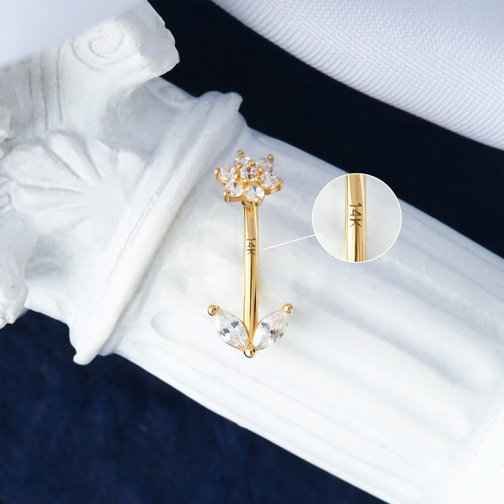 14K Gold CZ Flower Leave Rook Earring