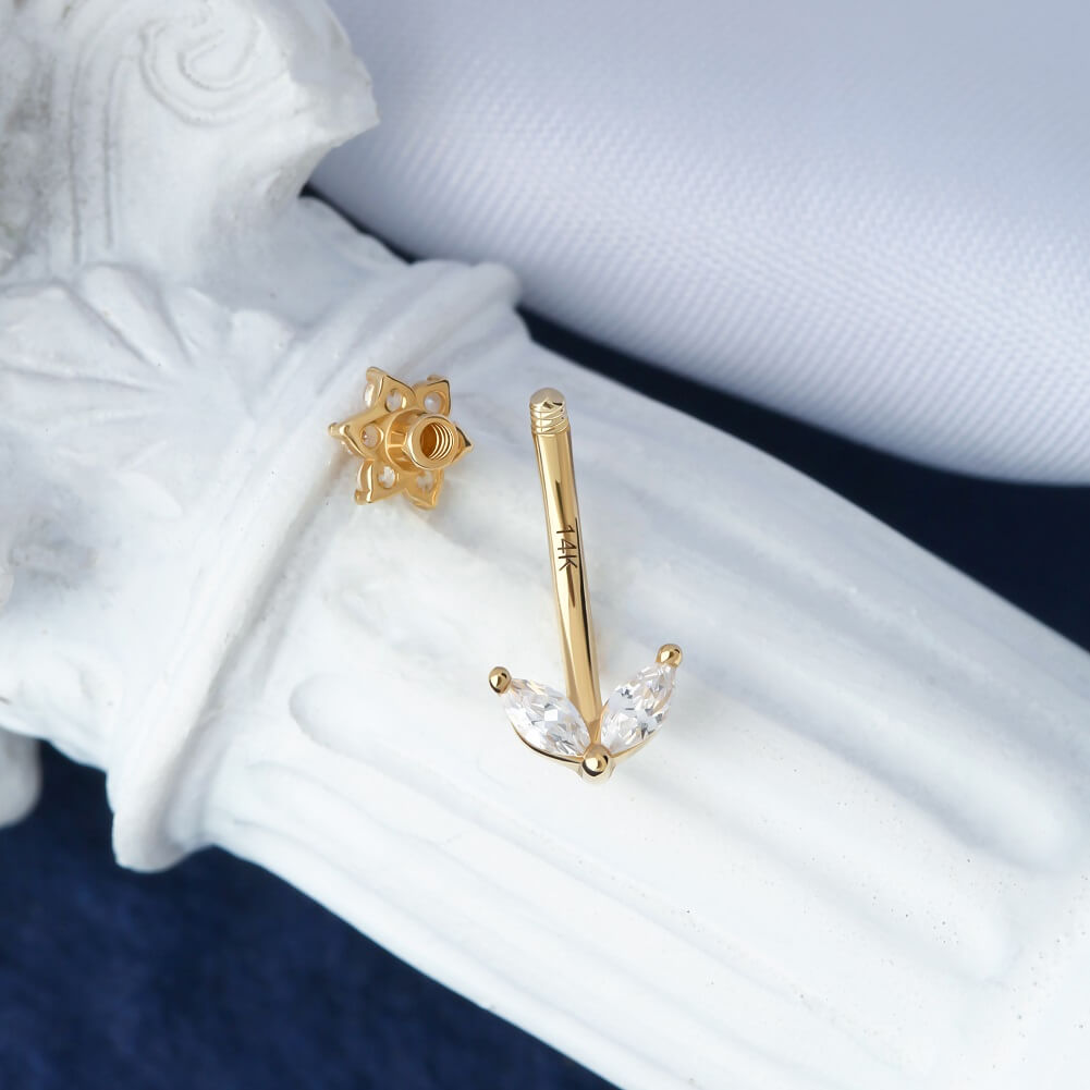 14K Gold CZ Flower Leave Rook Earring