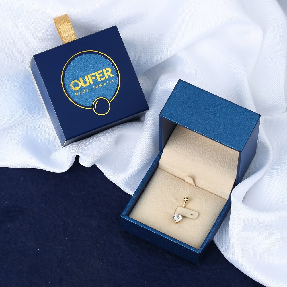 14K Gold Heart CZ Belly Ring