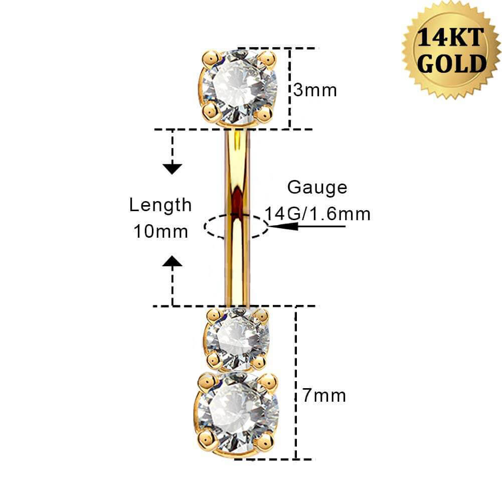 14K Gold Three Round CZ Belly Ring