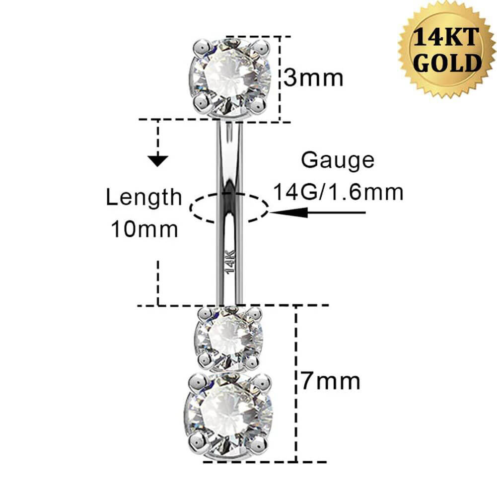 14K White Gold Three Round CZ Belly Ring