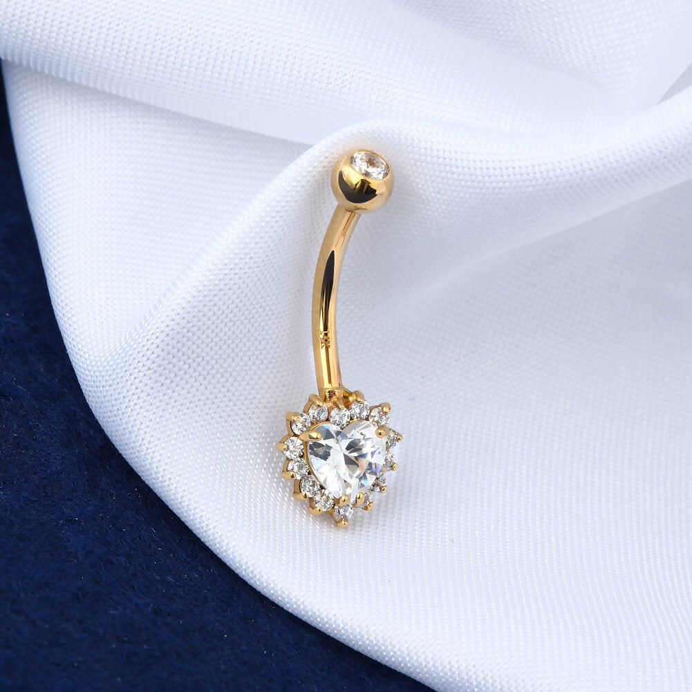 14K Gold CZ Heart Belly Ring