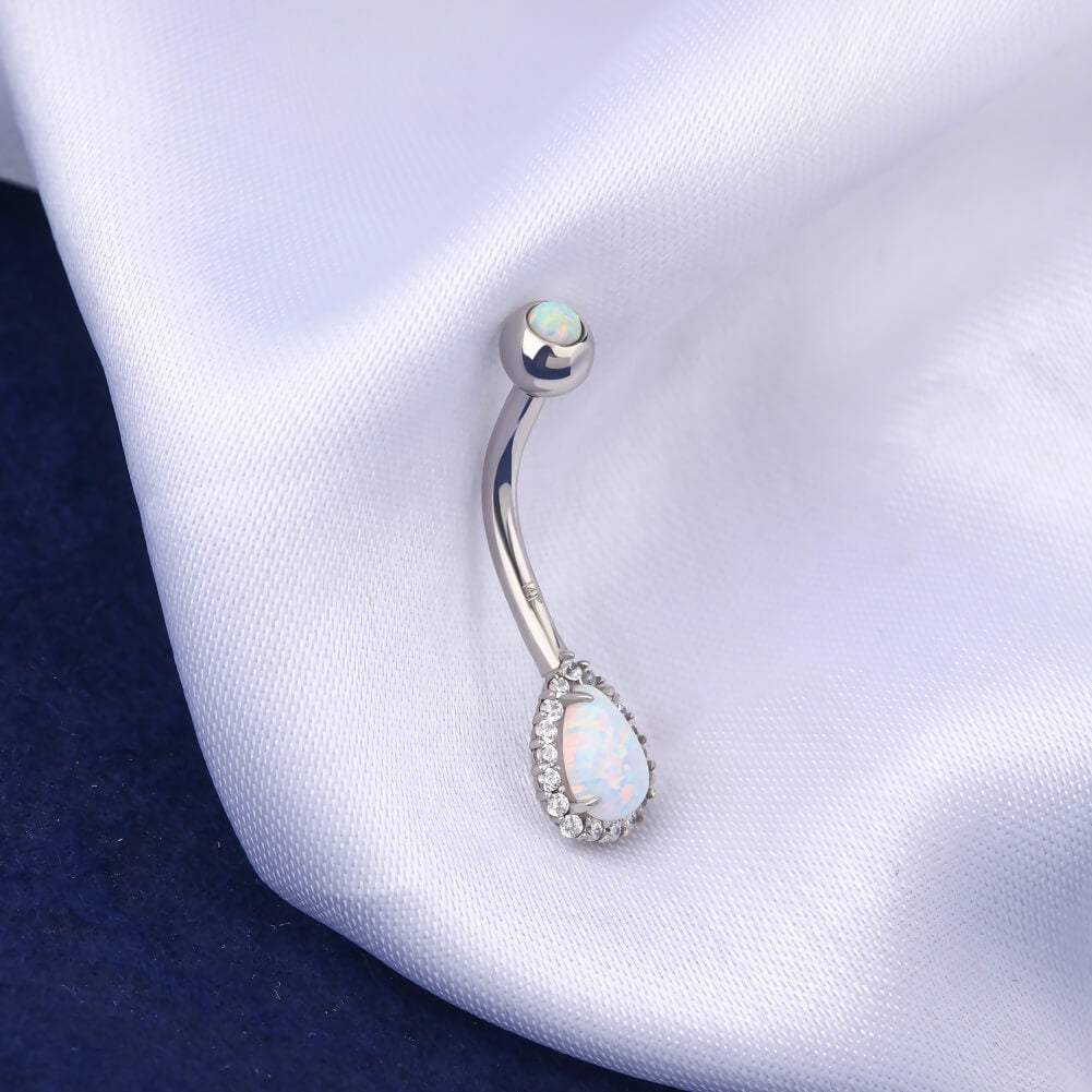 14K White Gold Opal Teardrop Belly Ring