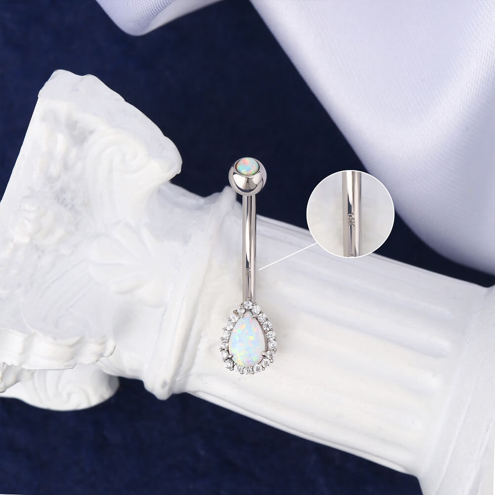 14K White Gold Opal Teardrop Belly Ring