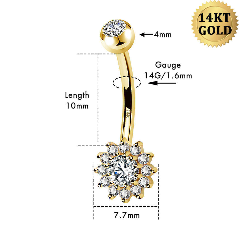 14K Gold CZ Sunflower Belly Ring