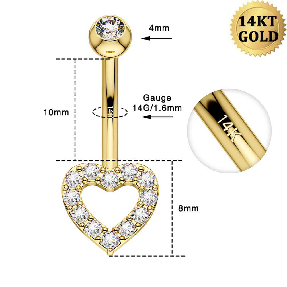 14K Gold Heart CZ Belly Ring