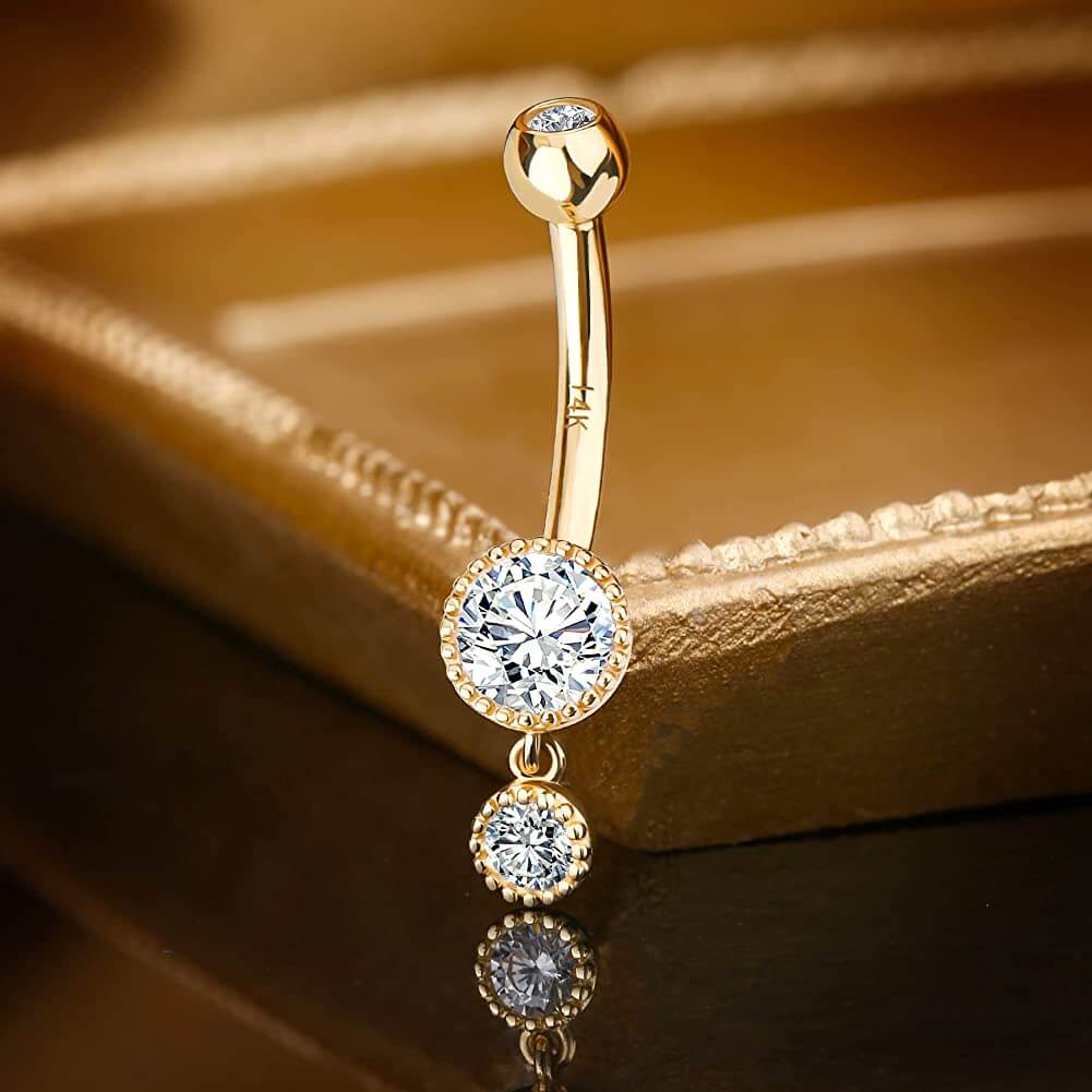 14K Gold Round CZ Dangle Belly Ring