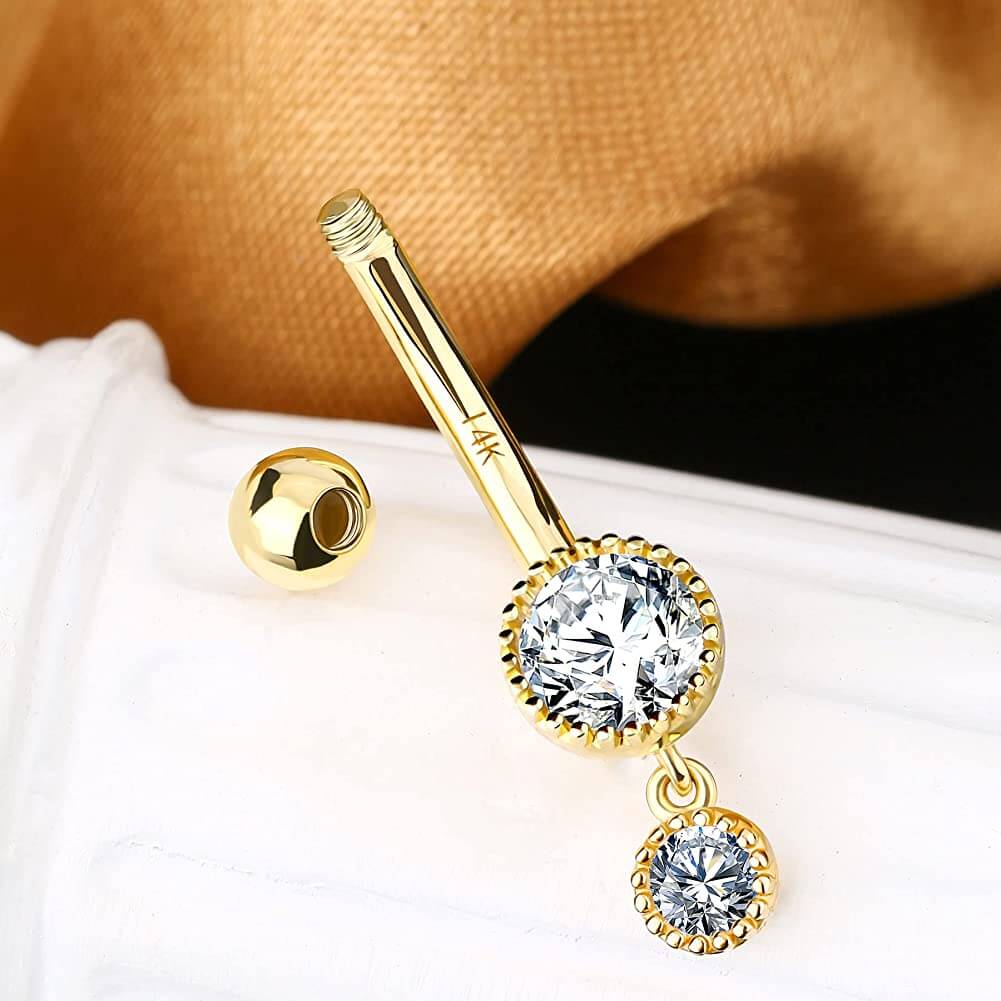 14K Gold Round CZ Dangle Belly Ring