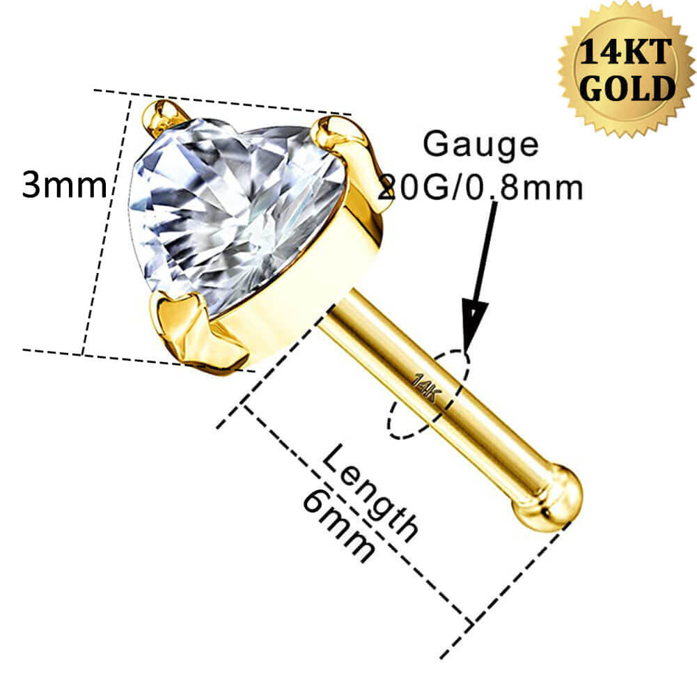 14K Gold Heart CZ Bone Nose Stud