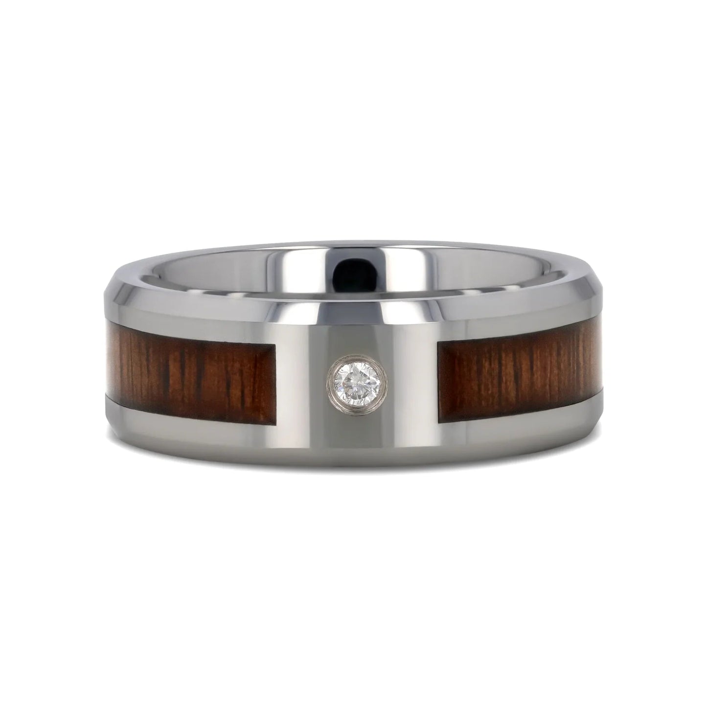 KAHUNA Tungsten Carbide Beveled Edged Diamond Wedding Band with Koa Wood Inlay & Polished Edges - 8mm