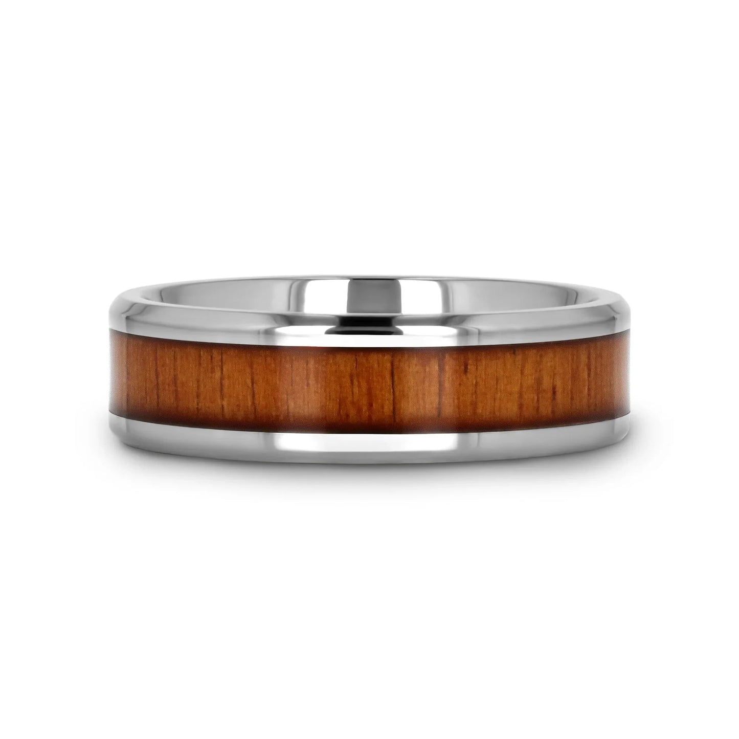 KOAN Titanium Polished Finish Koa Wood Inlaid Men’s Wedding Ring with Beveled Edges - 6mm & 8mm