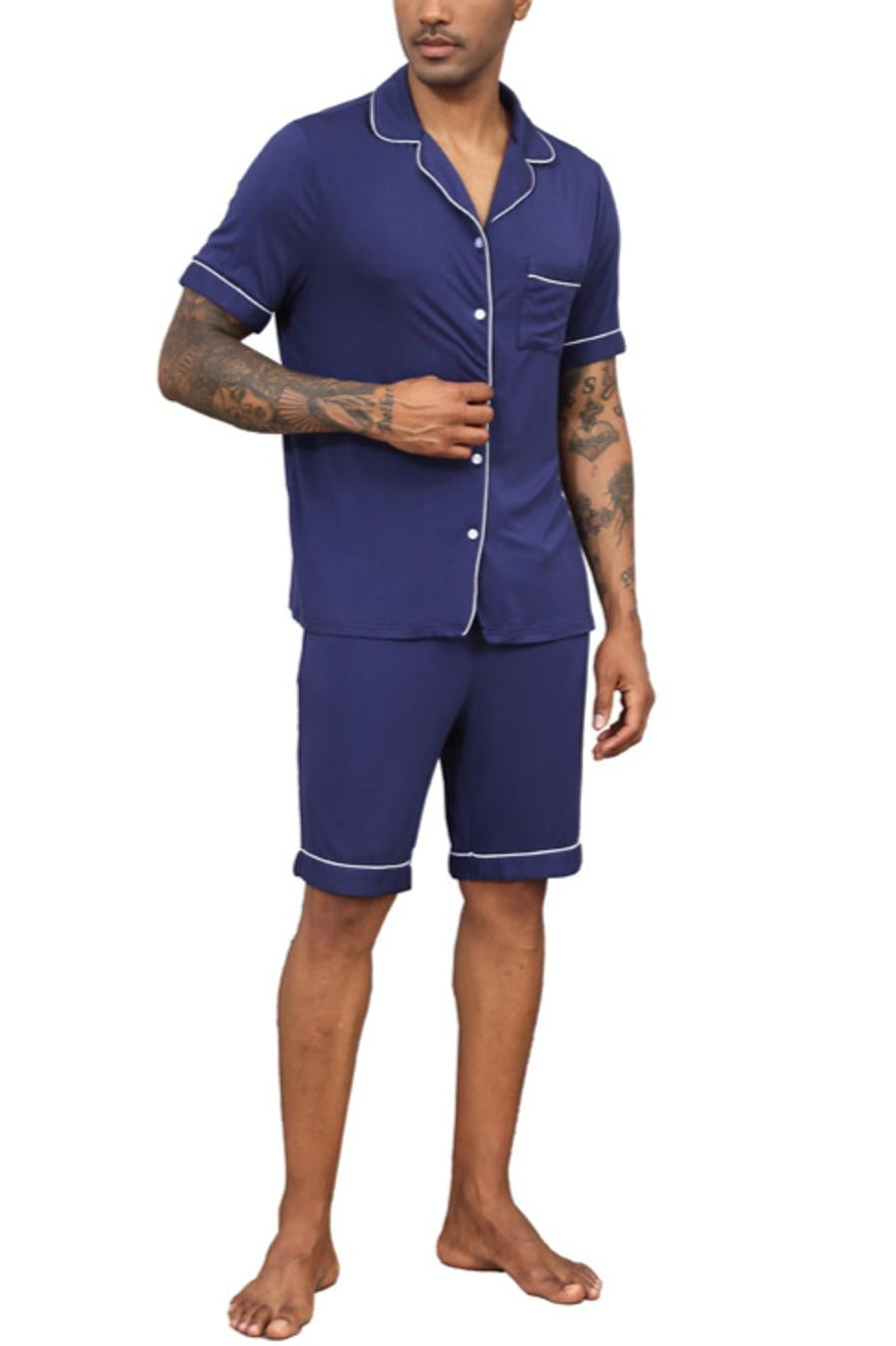 Casual slight stretch lapel button pocket shorts set loungewear