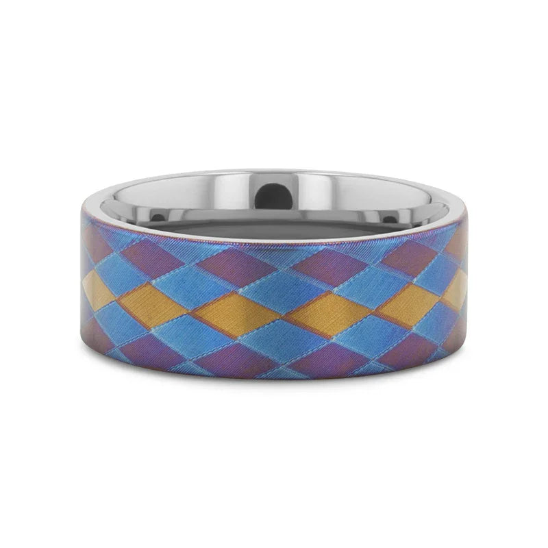 MAJESTIC Flat Titanium Ring with Purple, Blue, and Gold Diamond Pattern - 8mm