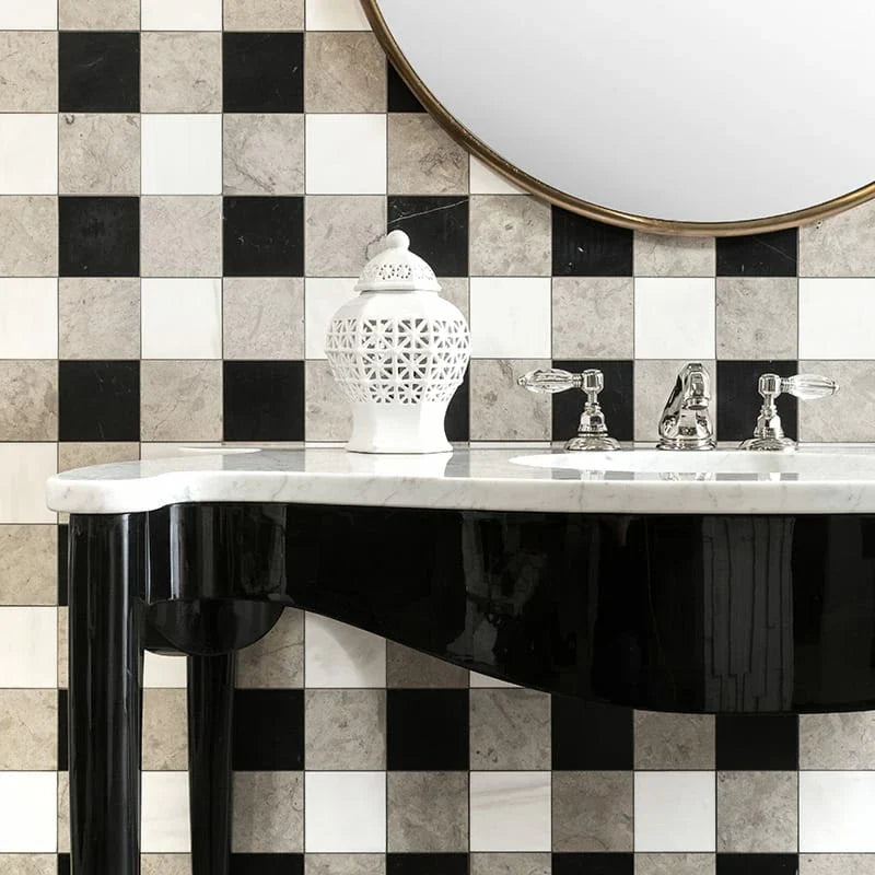 Britannia Light Snow White Black 16"x16" Honed Limestone 4"x4" Mosaic Tile