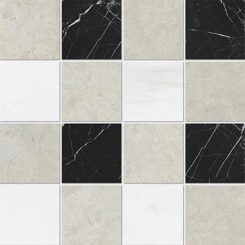 Britannia Light Snow White Black 16"x16" Honed Limestone 4"x4" Mosaic Tile