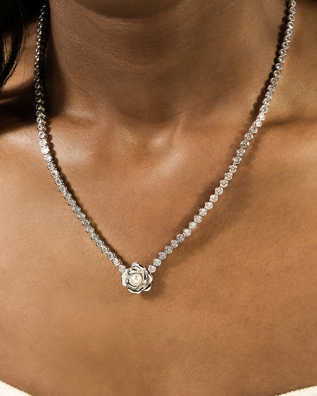 Rosa Pearl Flower CZ Tennis Necklace