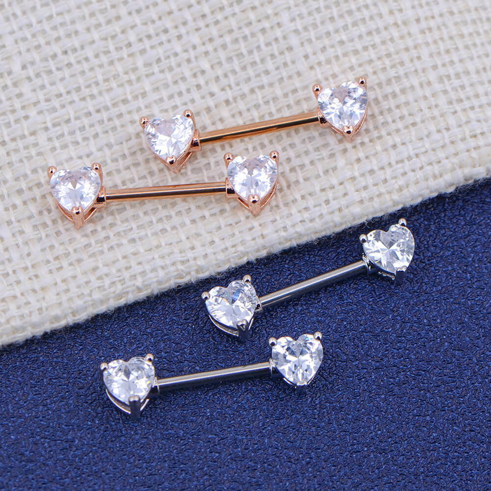 2Pcs CZ Heart Nipple Barbell Pair