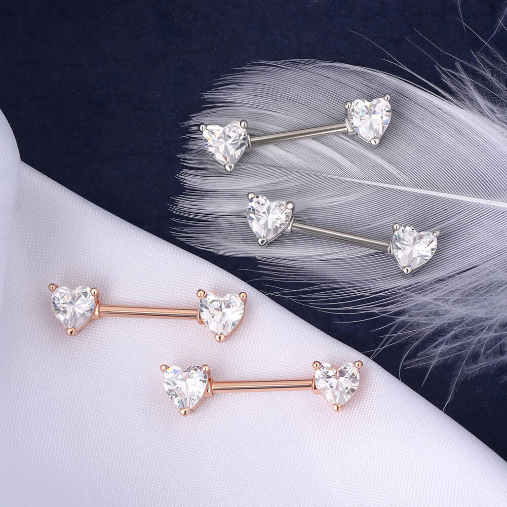 2Pcs CZ Heart Nipple Barbell Pair