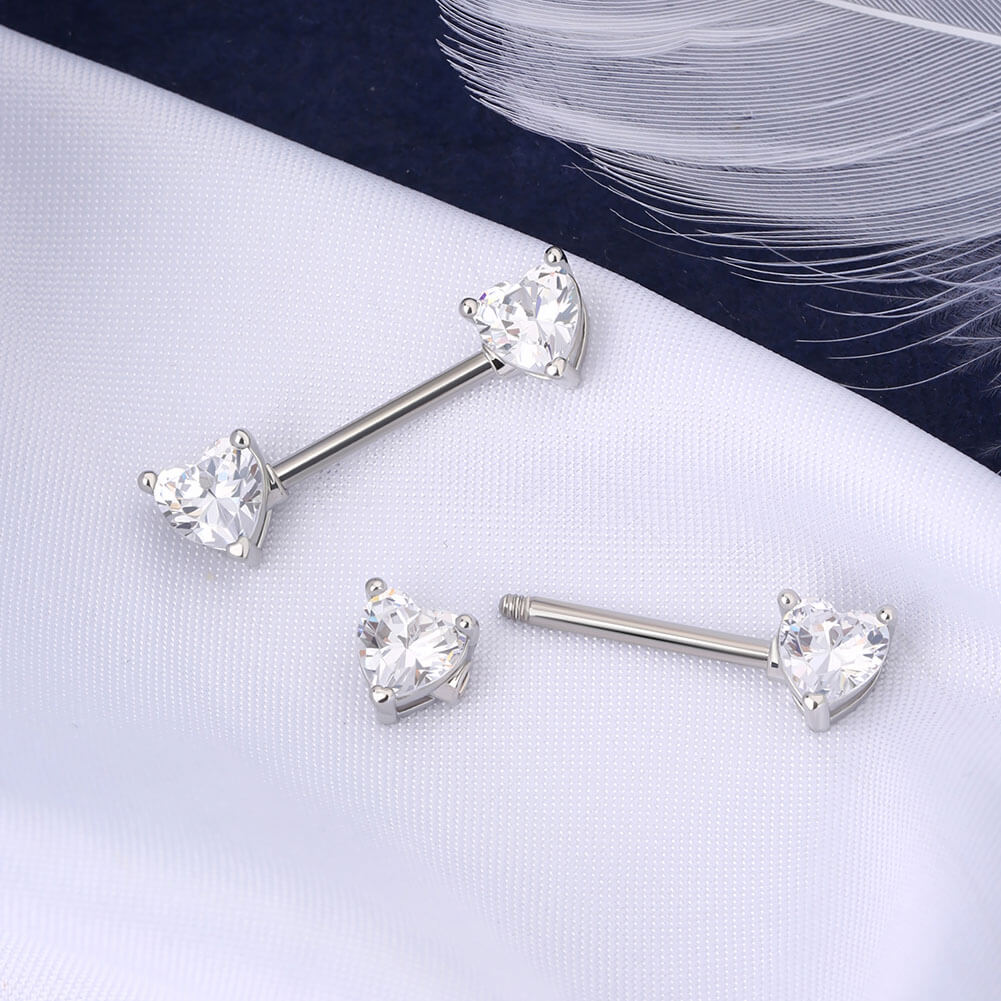 2Pcs CZ Heart Nipple Barbell Pair