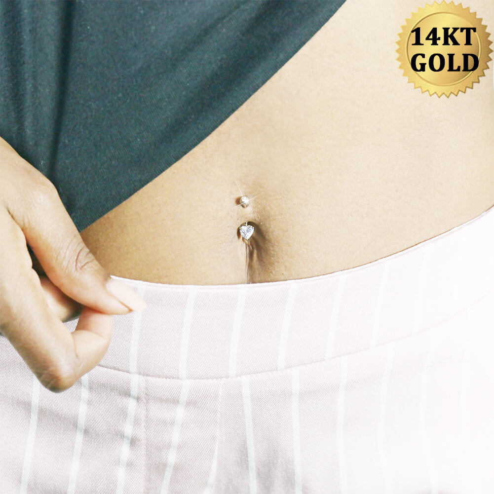 14K Gold Heart CZ Belly Ring