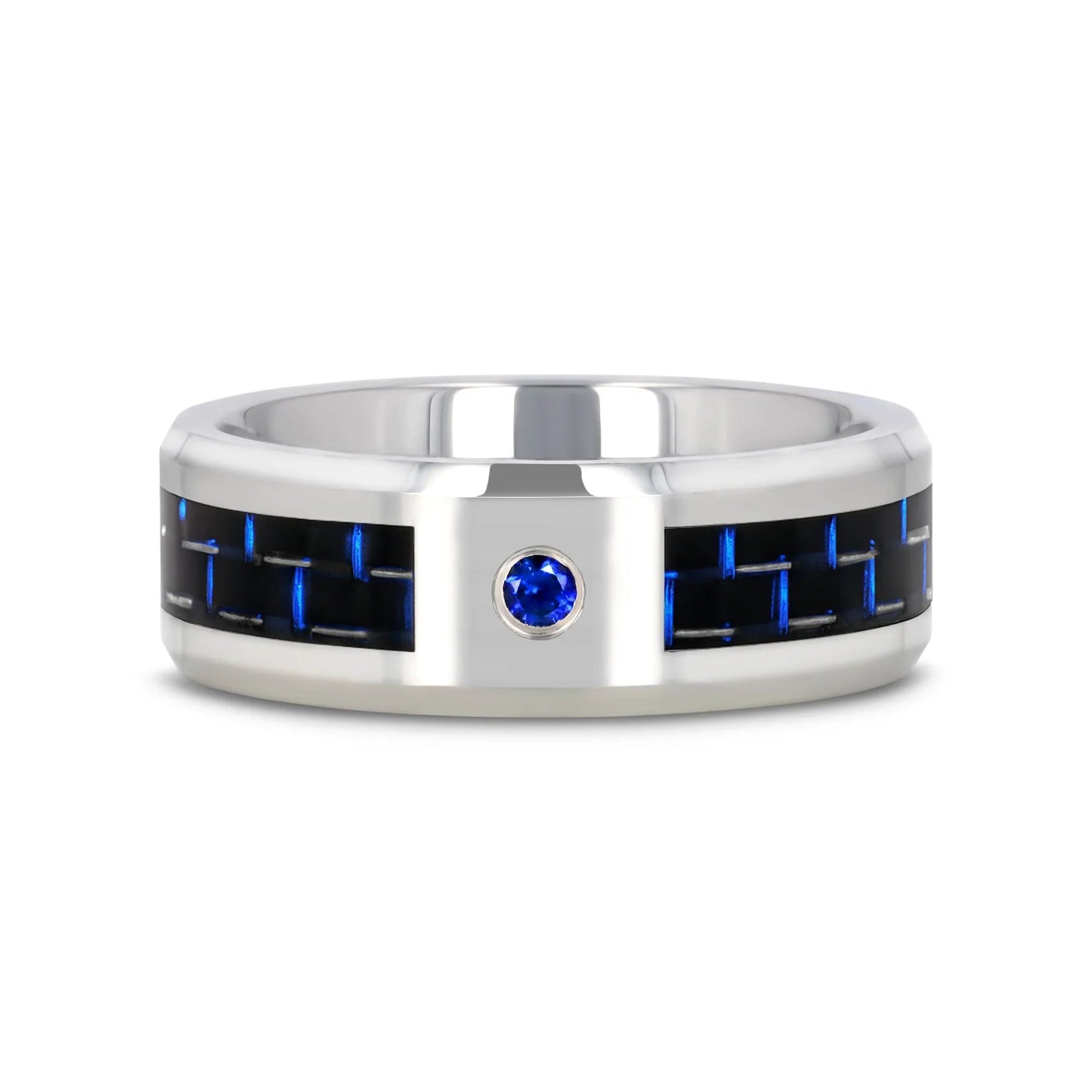 NEPTUNE Tungsten Carbide Ring with Black and Blue Carbon Fiber and Blue Sapphire Setting with Bevels - 8mm
