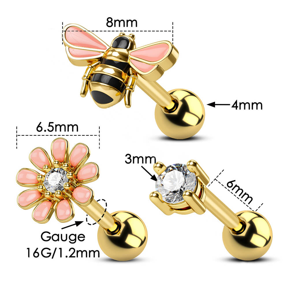 3PCS BeeFlowerGem Helix Studs