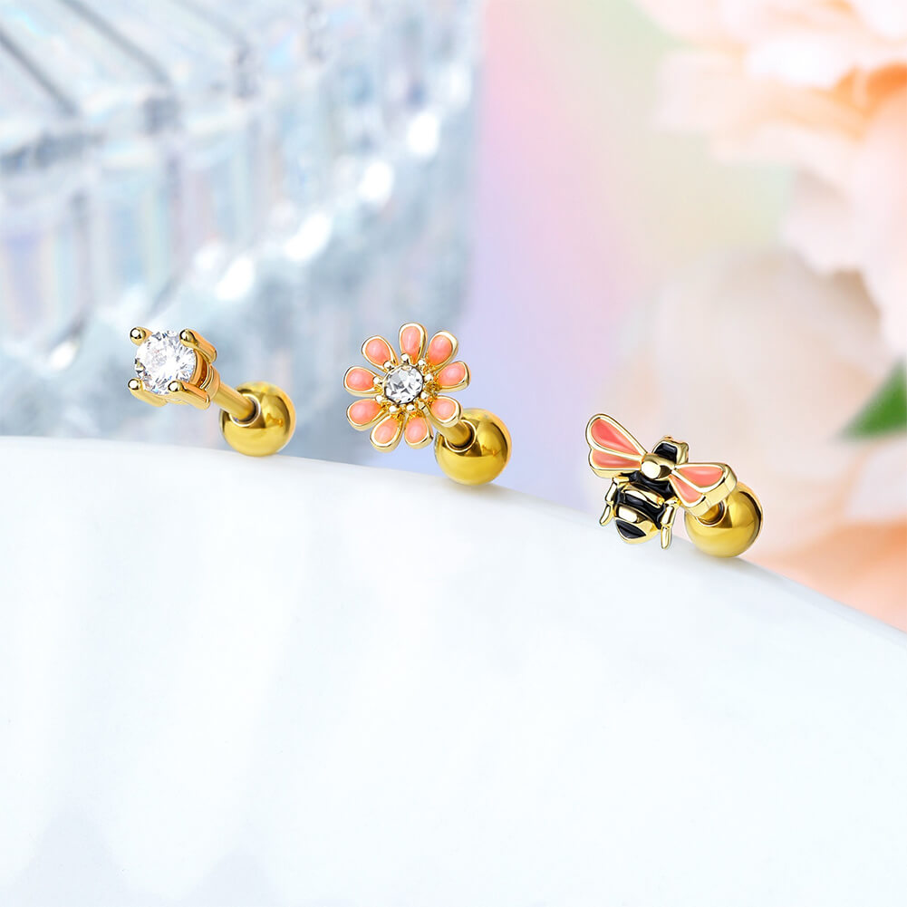 3PCS BeeFlowerGem Helix Studs