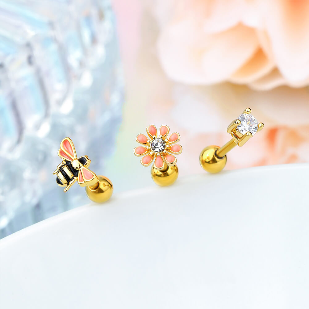 3PCS BeeFlowerGem Helix Studs