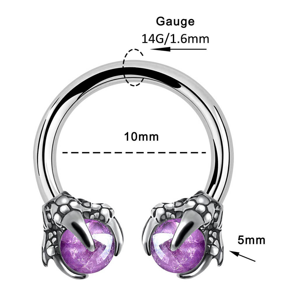 14G Amethyst Dragon Claw Horseshoe Septum Ring