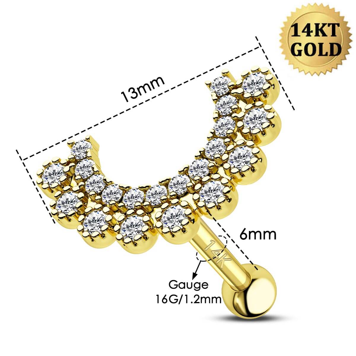 14K Gold CZ U-Shape Cartilage Stud