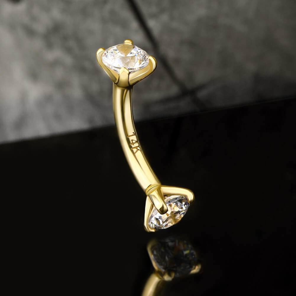 14K Gold Clear CZ Internally Threaded Eyebrow Ring
