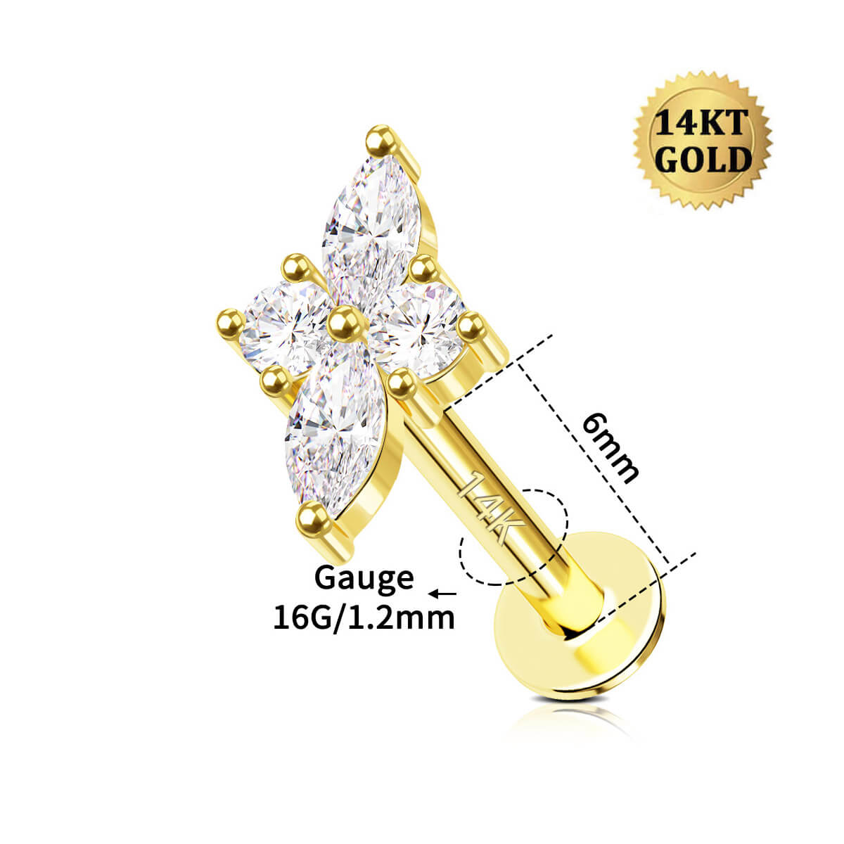 14K Gold Shinny CZ Internally Threaded Cartilage Stud
