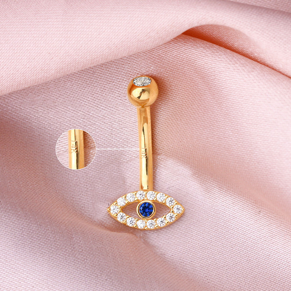 14K Gold Blue CZ Evil Eye Belly Ring