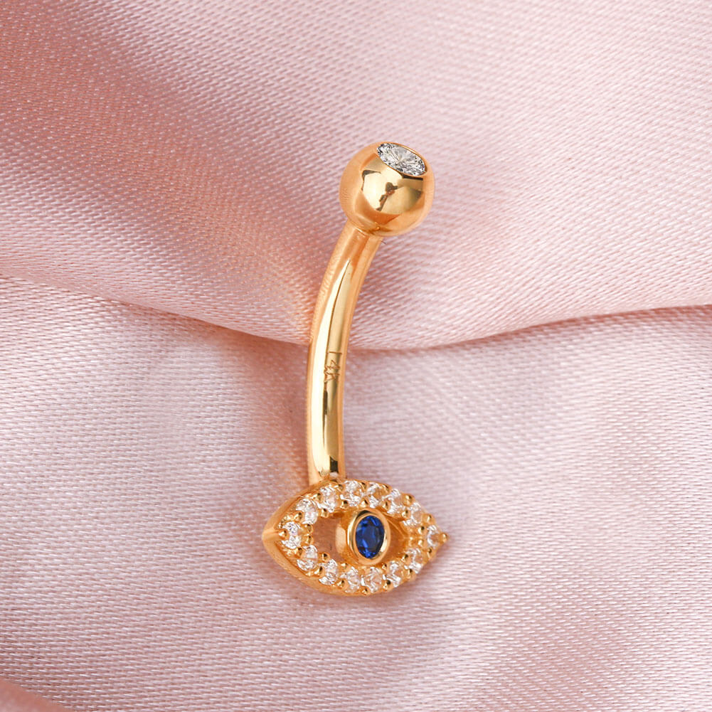 14K Gold Blue CZ Evil Eye Belly Ring